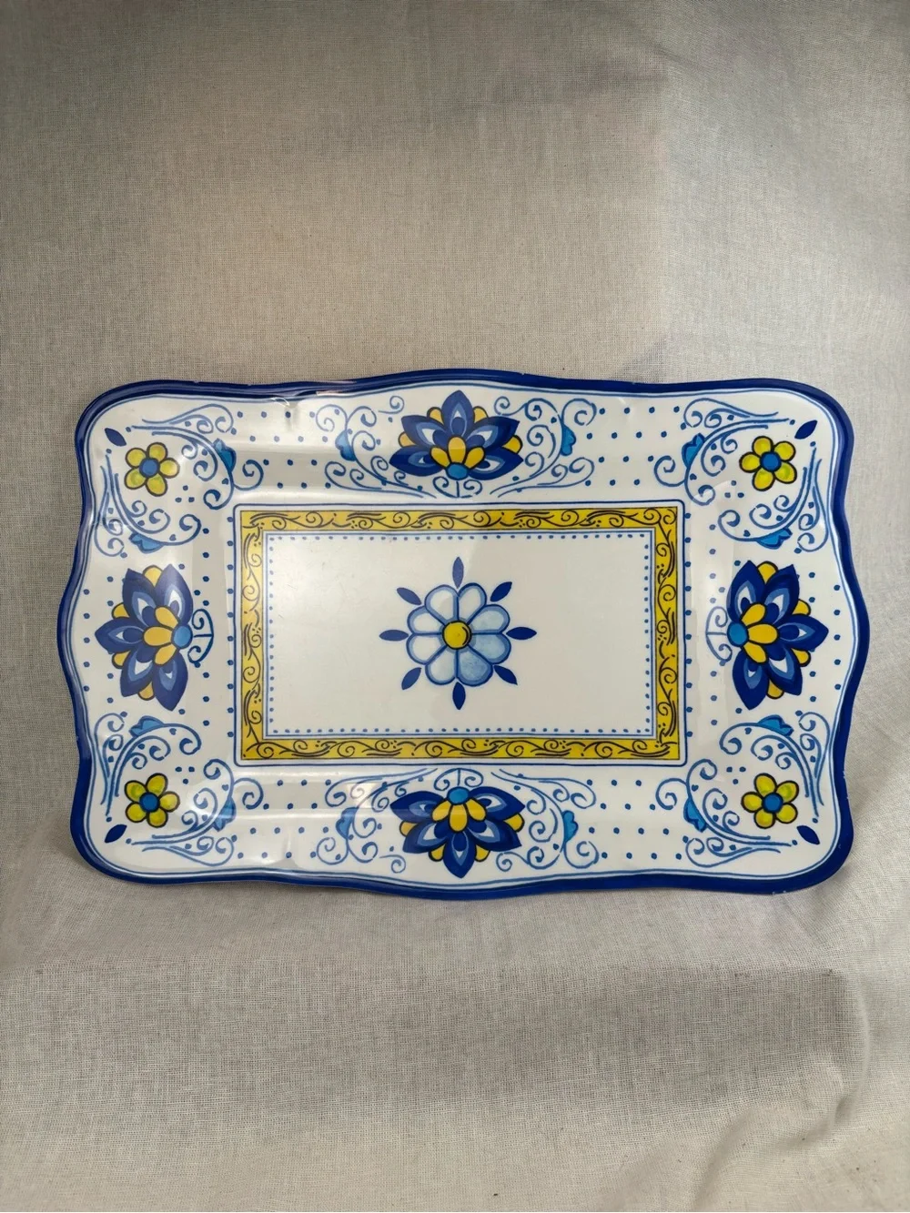 Le Cadeaux Melamine Serving Platter 16” Blue Yellow Floral Rectangular Tray